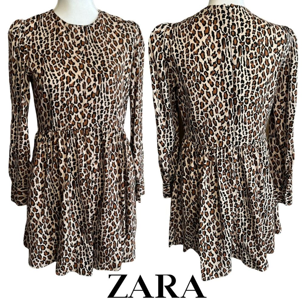 Zara Woman Leopard Print Skater Style Dress Long Sleeve Size Small New w/Tag